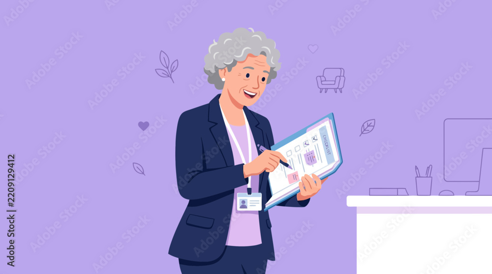Obraz premium Elderly Woman Checking List on Clipboard, Professional Illustration