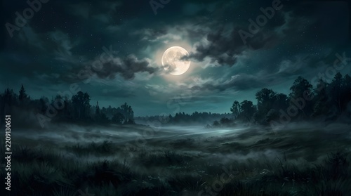 Eerie moonlight illuminates a dark forest landscape with a ghostly apparition