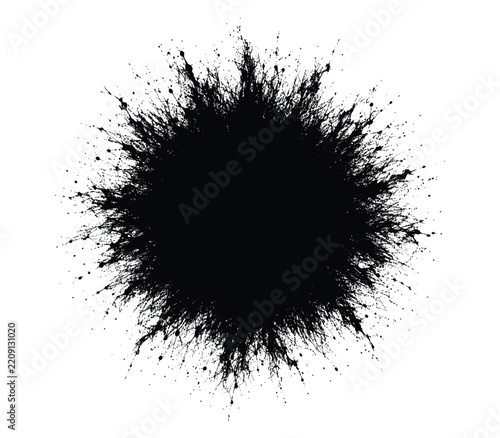 Black ink splatter burst with paint spray drops for grunge backdrop.