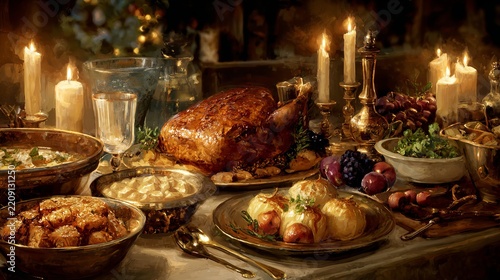 Roasted turkey dinner with various dishes and glowing candlelight for thanksgiving celebration in oil painting style