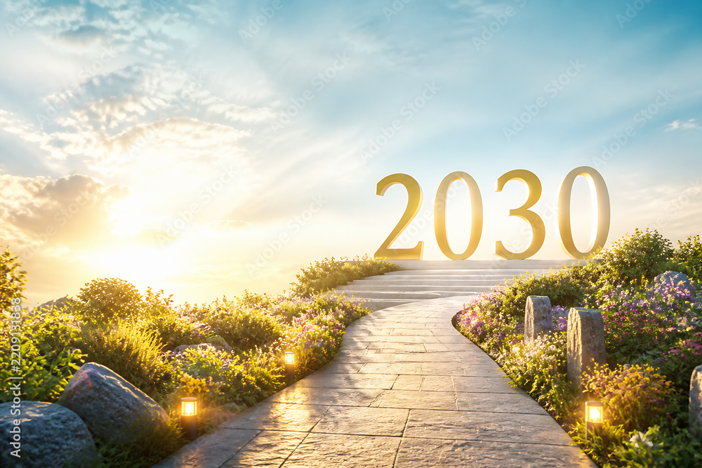 Obraz premium A pathway leads toward the large numbers 2030 under a bright, sunny sky in a lush outdoor setting.