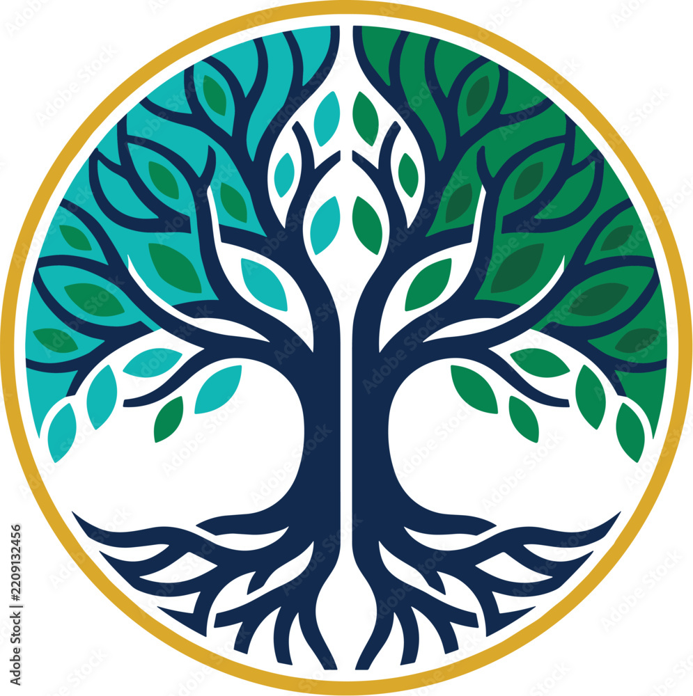 Fototapeta premium Tree of Life vector illustration in green and navy with golden circular frame, leaves and roots for wellness branding