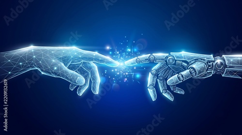 Glowing polygonal human and robotic hands reaching toward each other in a dark blue digital space. Symbolizes AI, technology ,agency, ai, artificial, intelligence