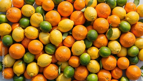 Full frame background texture of mixed fresh citrus fruits oranges lemons and limes