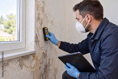 Professional Building Inspector Using Moisture Meter to Check for Mold on Damaged Indoor Wall, Home Maintenance Service and Property Inspection