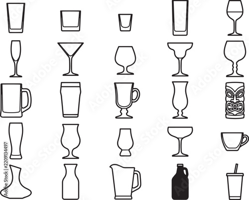 A collection of diverse glassware icons representing various drinking vessels, from tumblers and wine glasses to mugs and cocktail glasses.