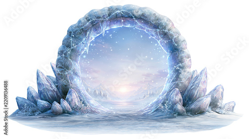 Fantasy Magic Ice Portal Opening to a Frozen Winter Mountain Landscape