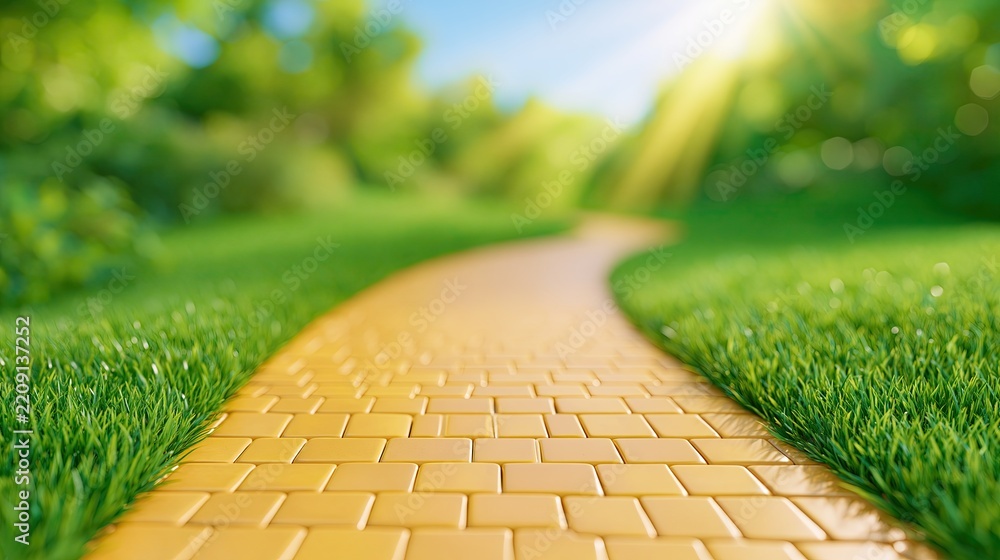 Obraz premium Magical Golden Brick Road Winding Through a Lush Green Sunny Park