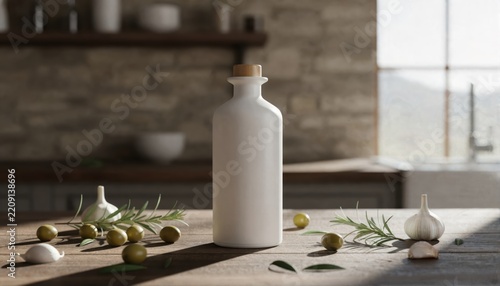 Artisanal white ceramic oil bottle on a sunlit rustic kitchen counter with fresh rosemary