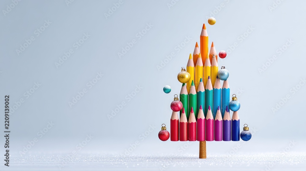 Obraz premium Creative christmas tree made of colored pencils with festive ornaments on white background