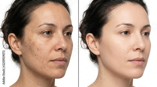 Before and After Skin Treatment: Woman with Hyperpigmentation vs Clear Skin