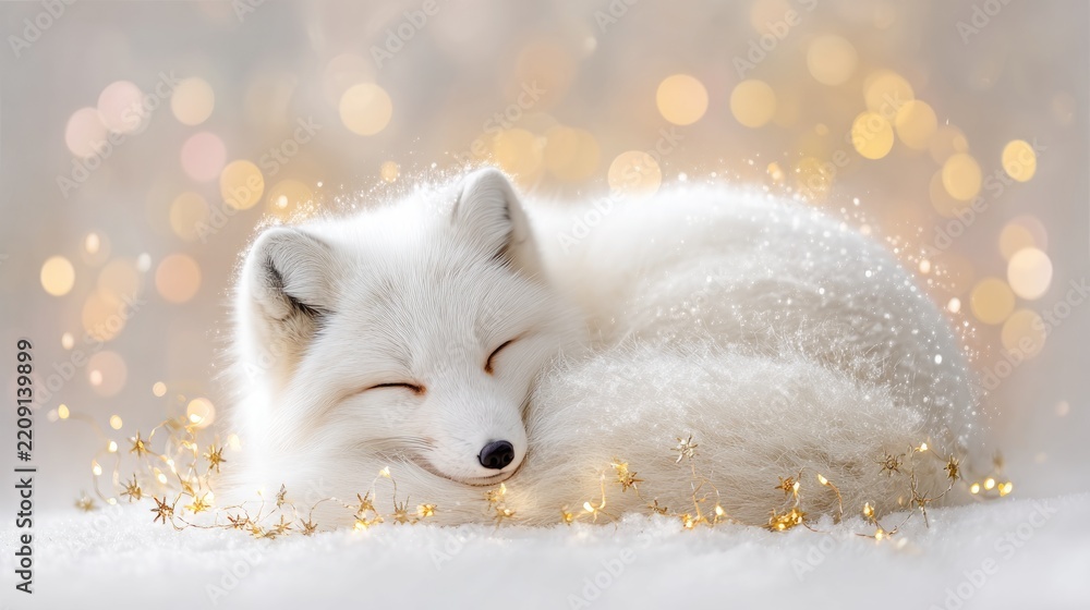Fototapeta premium Serene arctic fox resting in snow with warm glowing bokeh lights in winter wonderland