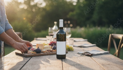 Elegant dining scene with wine bottle and gourmet cheese platter
