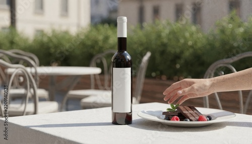 Elegant wine bottle with white label on a sophisticated dessert table