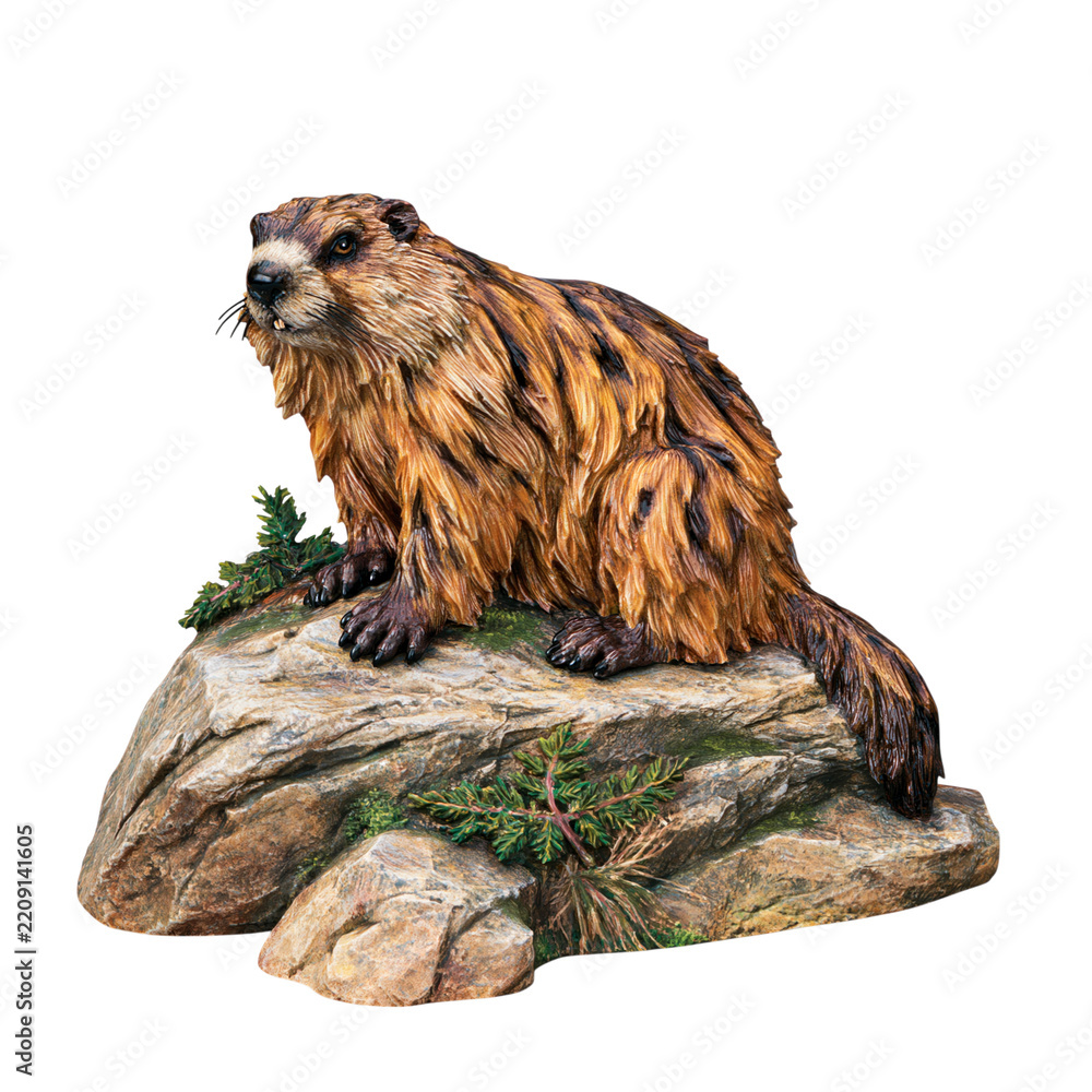 Obraz premium Brown groundhog with textured fur standing on a rocky ledge isolated on transparent background PNG cutout