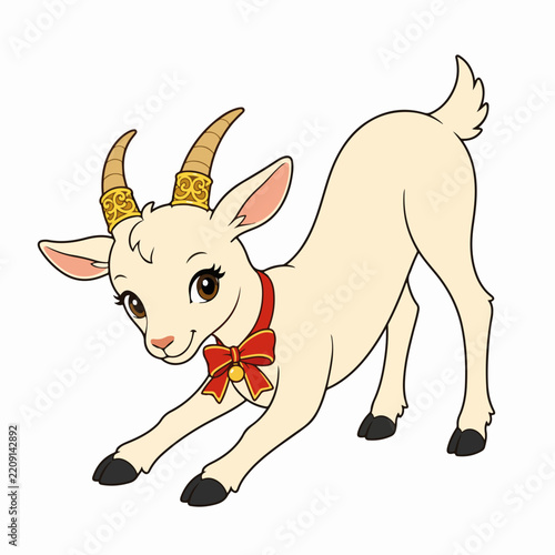 Cream goat mascot bowing for Lunar New Year 2027. Chinese zodiac animal with decorative horn rings and red bow collar isolated on white background