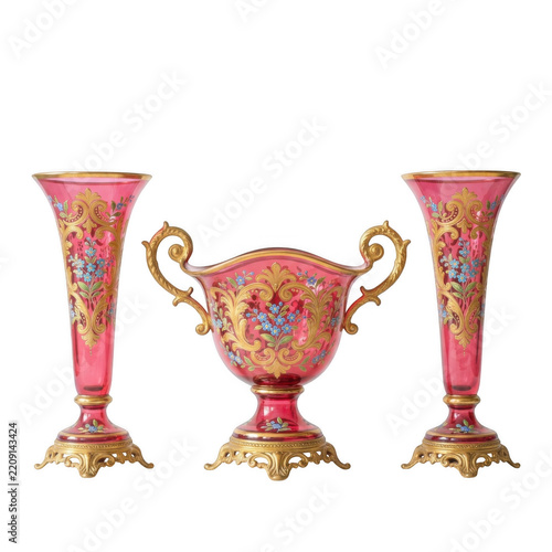 Antique cranberry glass garniture set with gold gilt and floral enamel decoration isolated on transparent background