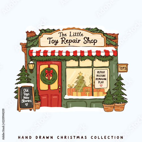 Christmas Toy Repair Shop Storefront with Snow, Wreath and Holiday Window Display