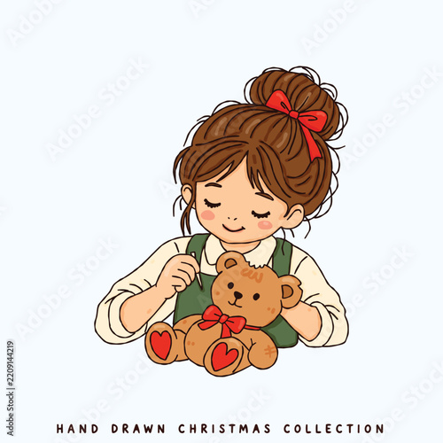Girl Sewing a Teddy Bear Hand Drawn Illustration of Toy Repair and Holiday Crafting