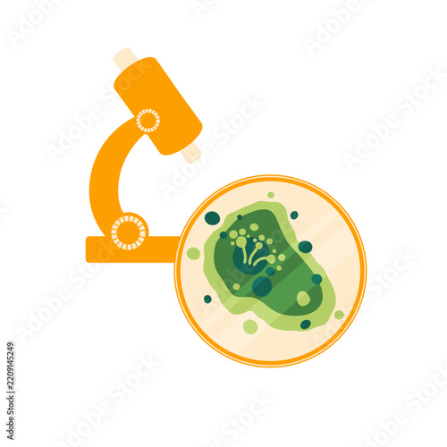 Microscope icon with culture dish and green fungal sample. Isolated lab asset for sample analysis, moisture inspection posts and fungus education.