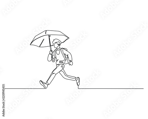 Person Walking in Rain with Umbrella Continuous Line Art Illustration Isolated on White Background