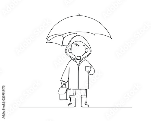 Child Wearing a Raincoat Holding an Umbrella in Continuous Line Art Style for Rainy Day Themes
