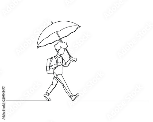 Boy Walking with an Umbrella and Backpack in Continuous Line Art Style for Web Vector Design