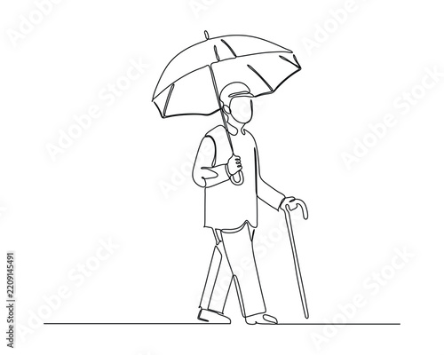 Elderly Man Walking with an Umbrella and Cane Drawn in a Continuous Line Art Style