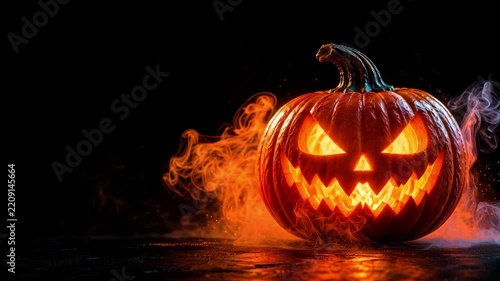 Glowing Halloween Jack O Lantern with Orange Smoke and Dark Copy Space | 4K UHD Seamless Loop