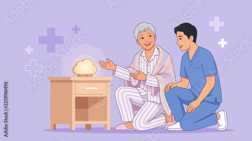 Elderly Caregiver Shows Patient Night Light on Table, Transparent Background