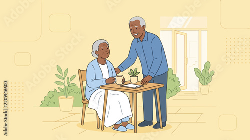 Elderly Couple Enjoying Coffee Together Outdoors