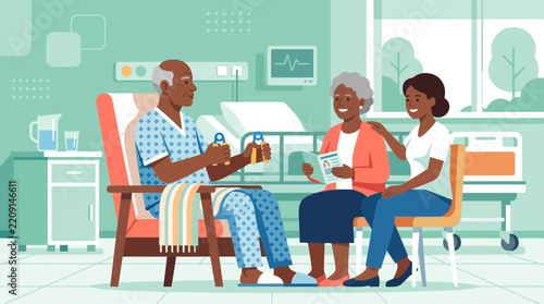 Elderly Couple Visiting Sick Husband in Hospital Room with Nurse