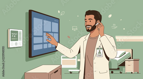 Doctor using smart technology in hospital room, futuristic healthcare concept