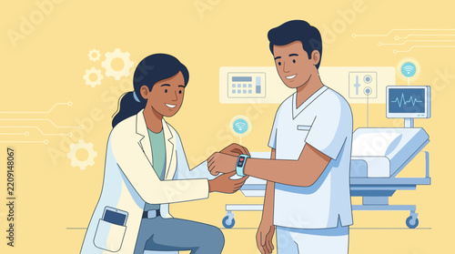 Doctor using smartwatch for patient monitoring in hospital, digital health