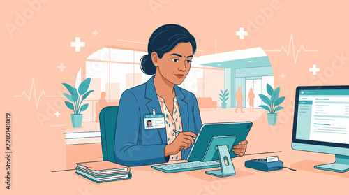 Doctor using tablet and computer in modern clinic reception