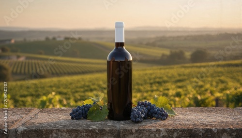 Premium wine bottle in a sun-drenched vineyard at golden hour