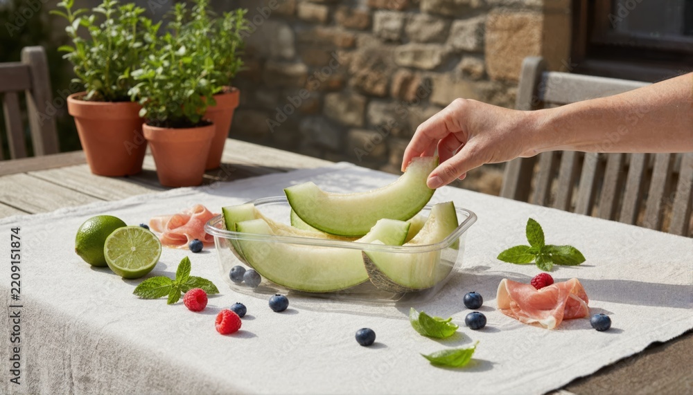 Fototapeta premium Sharing sliced melon at a summer picnic