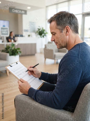 Man filling out a health questionnaire in a waiting room
