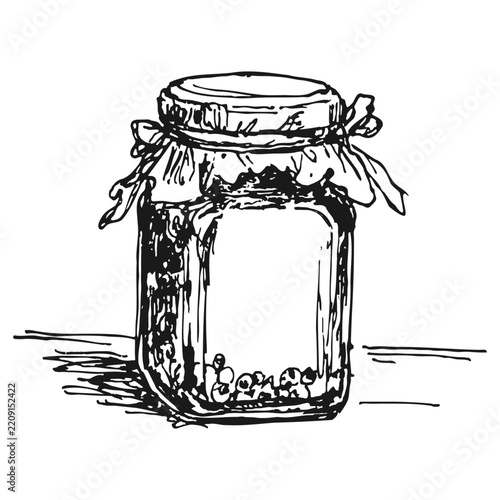Glass jar of jam with cloth cover hand drawn ink sketch vector illustration