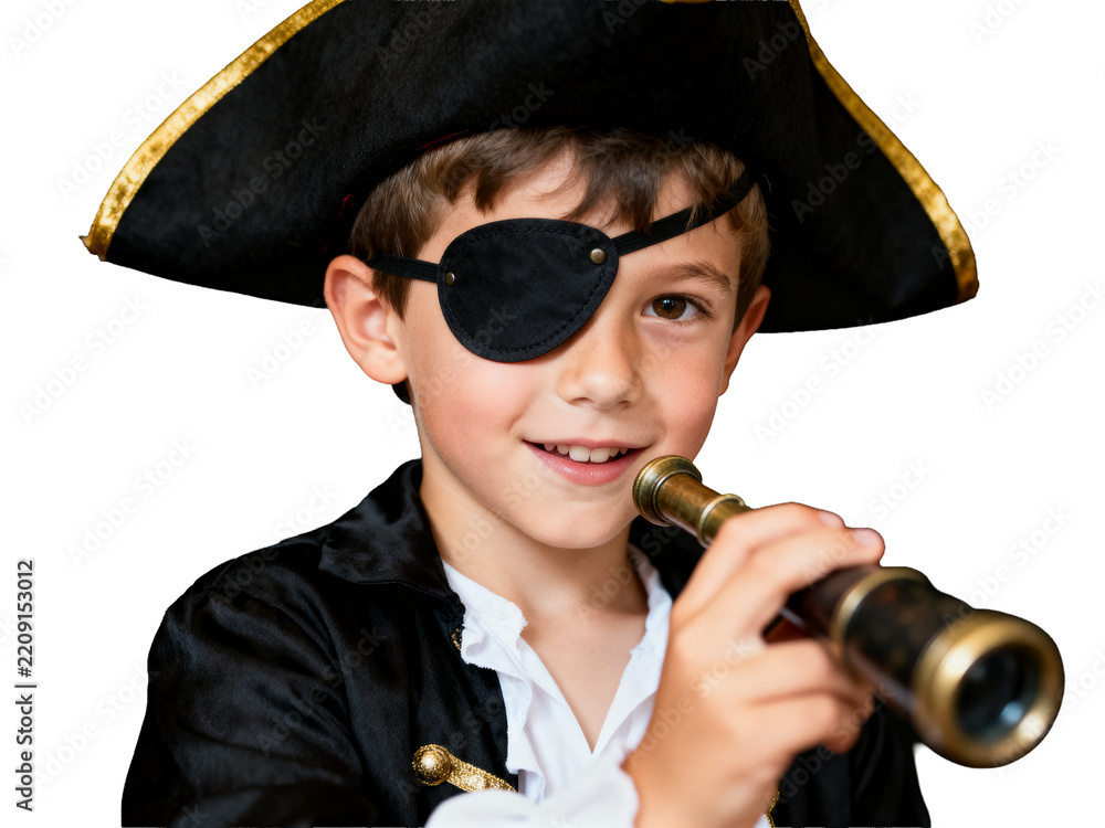 Fototapeta premium Joyful young pirate in classic black tricorn hat with gold trim, eye patch, holding vintage brass spyglass on a deep black background