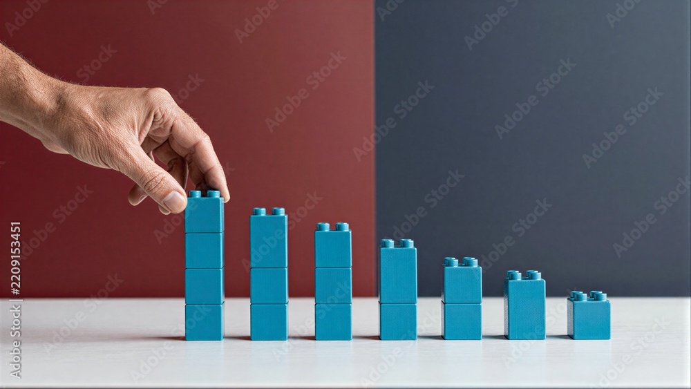 Obraz premium Hand places blue blocks, forming a growing bar graph against red and gray background.