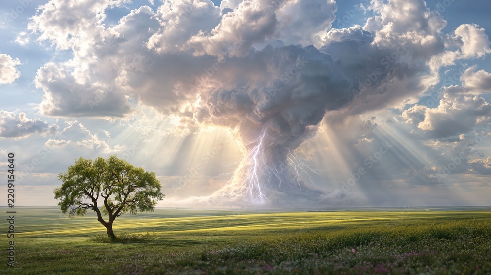 Obraz premium Lone Green Tree Under Dramatic Storm Clouds with Lightning Strike