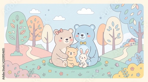 Cute baby animal family vector illustration in a spring landscape