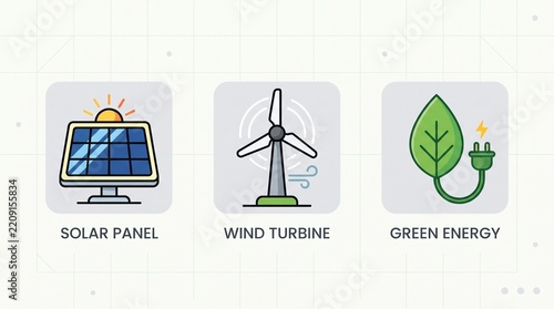 Green Energy Icons Set Featuring Solar Panel and Wind Turbine