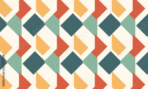 Retro Diamond and Triangle Seamless Pattern in Teal, Red and Amber — Bold geometric vector repeat for wallpaper, textile and packaging