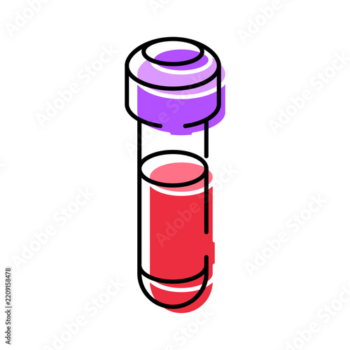 Blood sample contained in a test tube, with a purple cap, representing health check ups, diagnostic testing, and scientific research within a laboratory setting