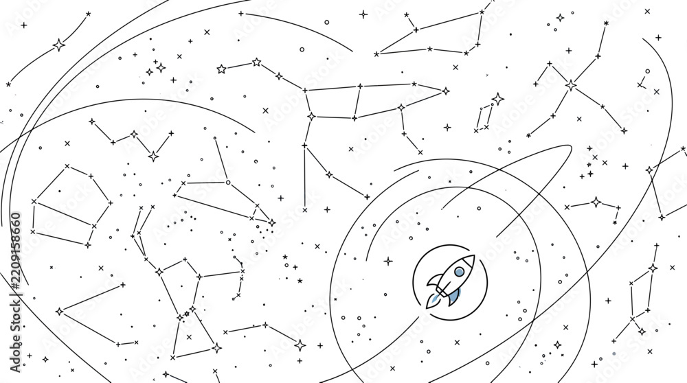 Obraz premium Hand-drawn constellations and rocket in starry sky