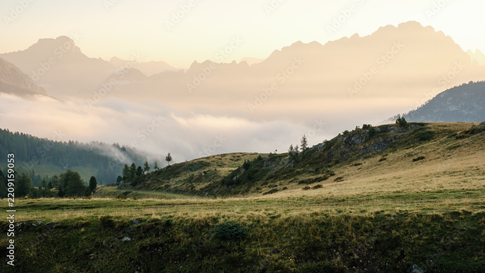Fototapeta premium Breathtaking sunrise over Passo Giau in the Dolomites, Italy