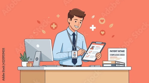 Doctor filling patient intake form on clipboard, office desk setup