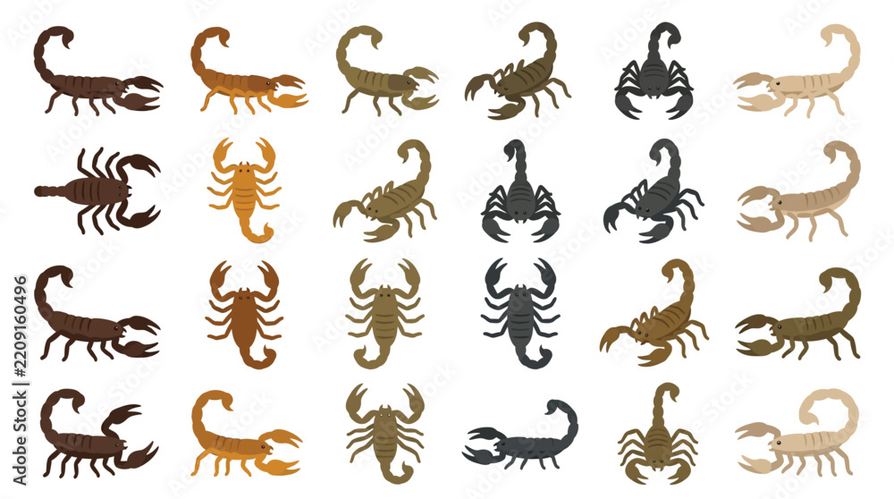 Obraz premium Set of various scorpion illustrations in different colors and poses on a white background.